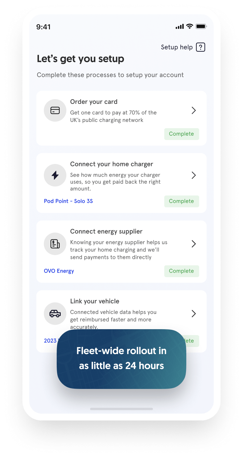 Mobile app screen titled 'Let’s get you setup' with four completed steps: order your card, connect your home charger, connect energy supplier, and link your vehicle, plus a banner stating 'Fleet-wide rollout in as little as 24 hours'.