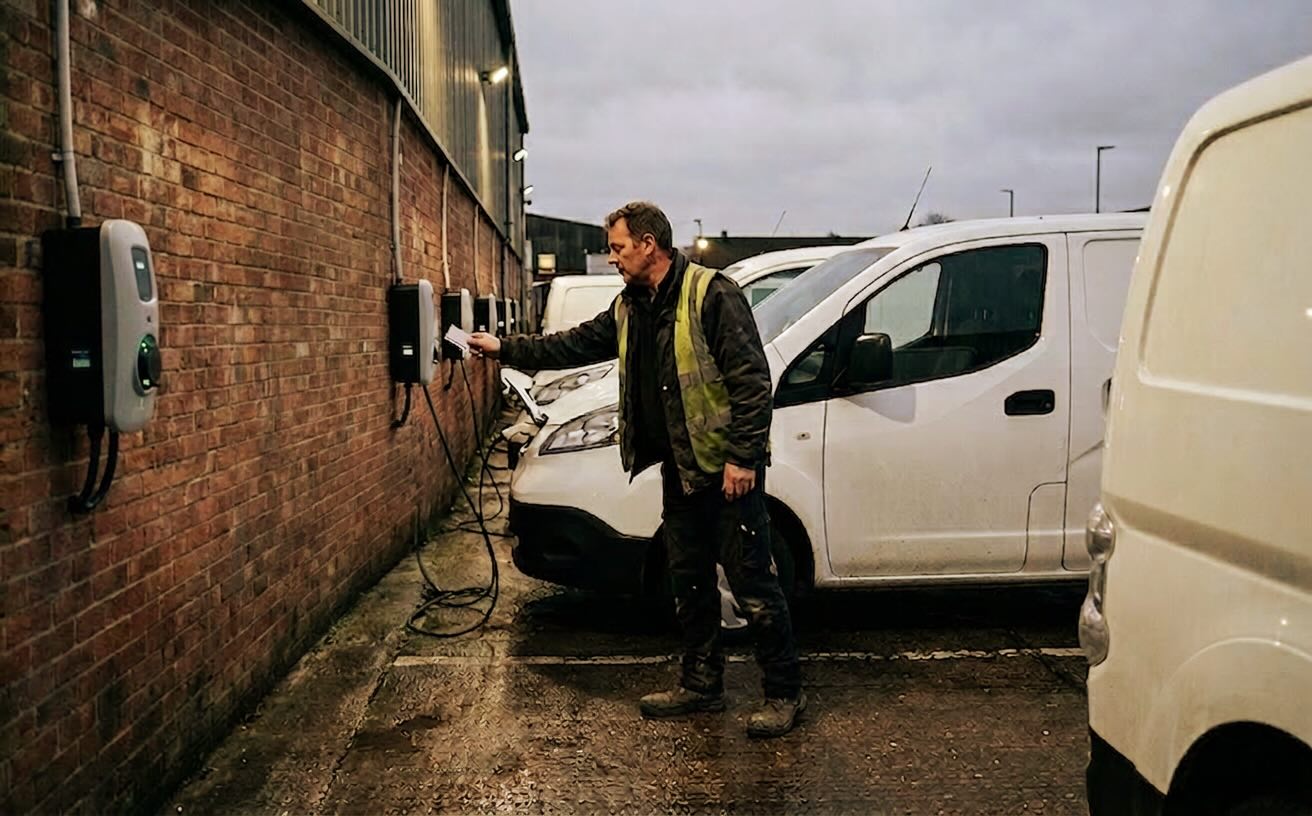A worker wearing a high-visibility yellow vest uses a card to activate a wall-mounted electric vehicle charger on a brick building. Several white commercial vans are parked alongside the wall, plugged into a row of charging stations under an overcast sky.