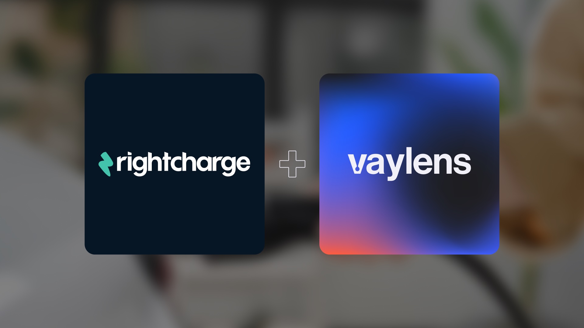 A graphic showing the Rightcharge logo next to the vaylens logo, separated by a plus sign to represent their partnership.