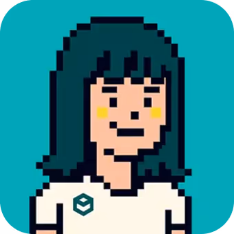 Pixel art avatar of a person with dark shoulder-length hair and a white shirt against a teal background.