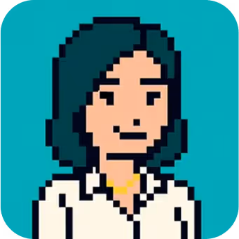 Pixel art avatar of a person with dark hair wearing a white shirt and a gold necklace on a teal background.