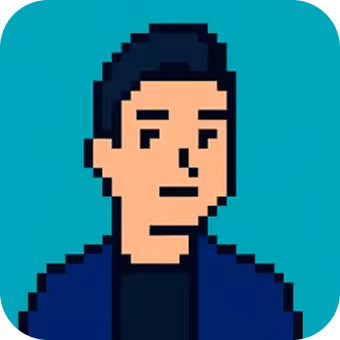 Pixel art avatar of a man with dark hair wearing a dark jacket on teal background.