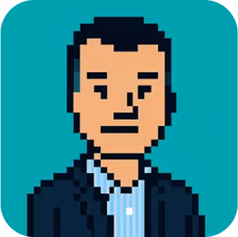 Pixel art of a man with black hair wearing a dark suit and light blue shirt on a teal background.