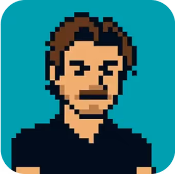 Pixel art avatar of a man with brown hair, mustache, and wearing a black shirt on teal background.
