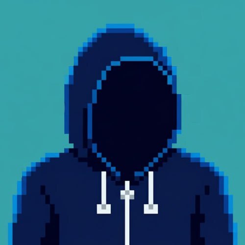 Pixel art of a person wearing a navy blue hoodie with the hood up, obscuring their face against a teal background.
