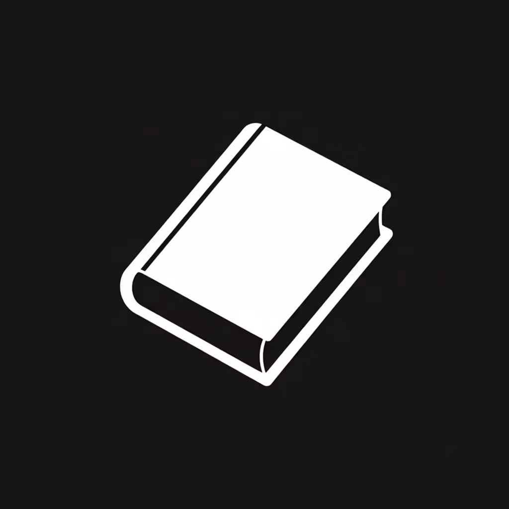 White closed book icon on a black background.