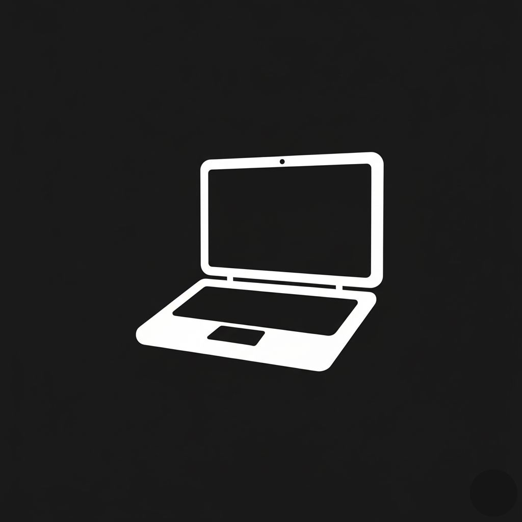 White laptop icon with open screen and keyboard on black background.