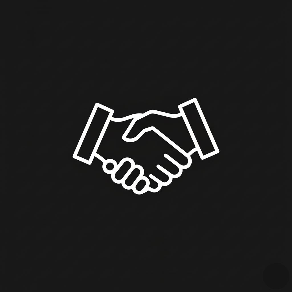 White line icon of two hands shaking on a black background representing agreement or partnership.
