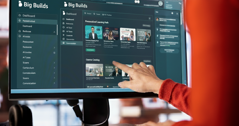 Person wearing a red sweater pointing at a course selection interface on a computer screen labeled Big Builds.