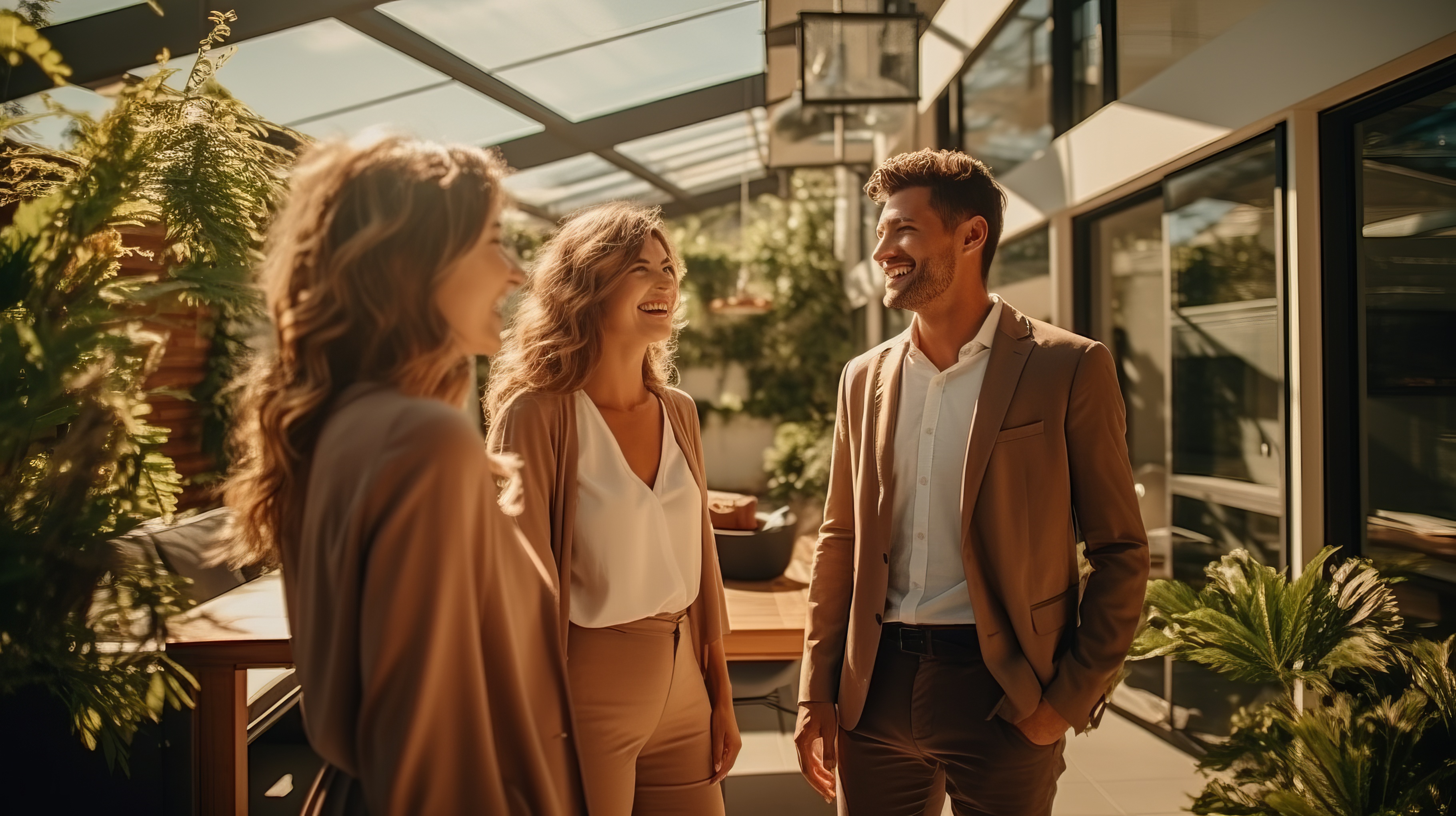 Three young professionals smiling and conversing in a sunlit indoor garden office.