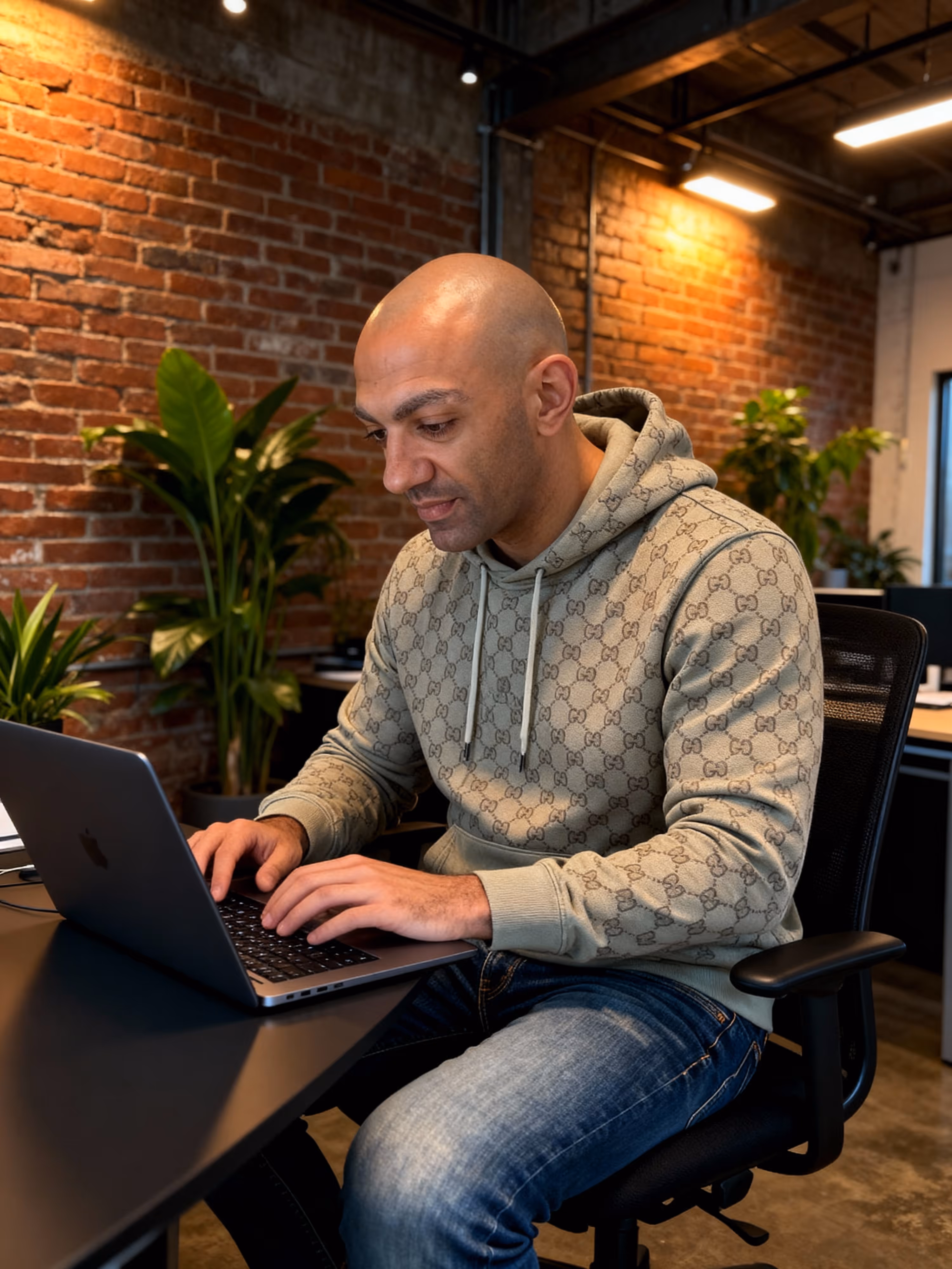 Man in a patterned hoodie typing on a laptop in a modern office with brick walls and green plants.