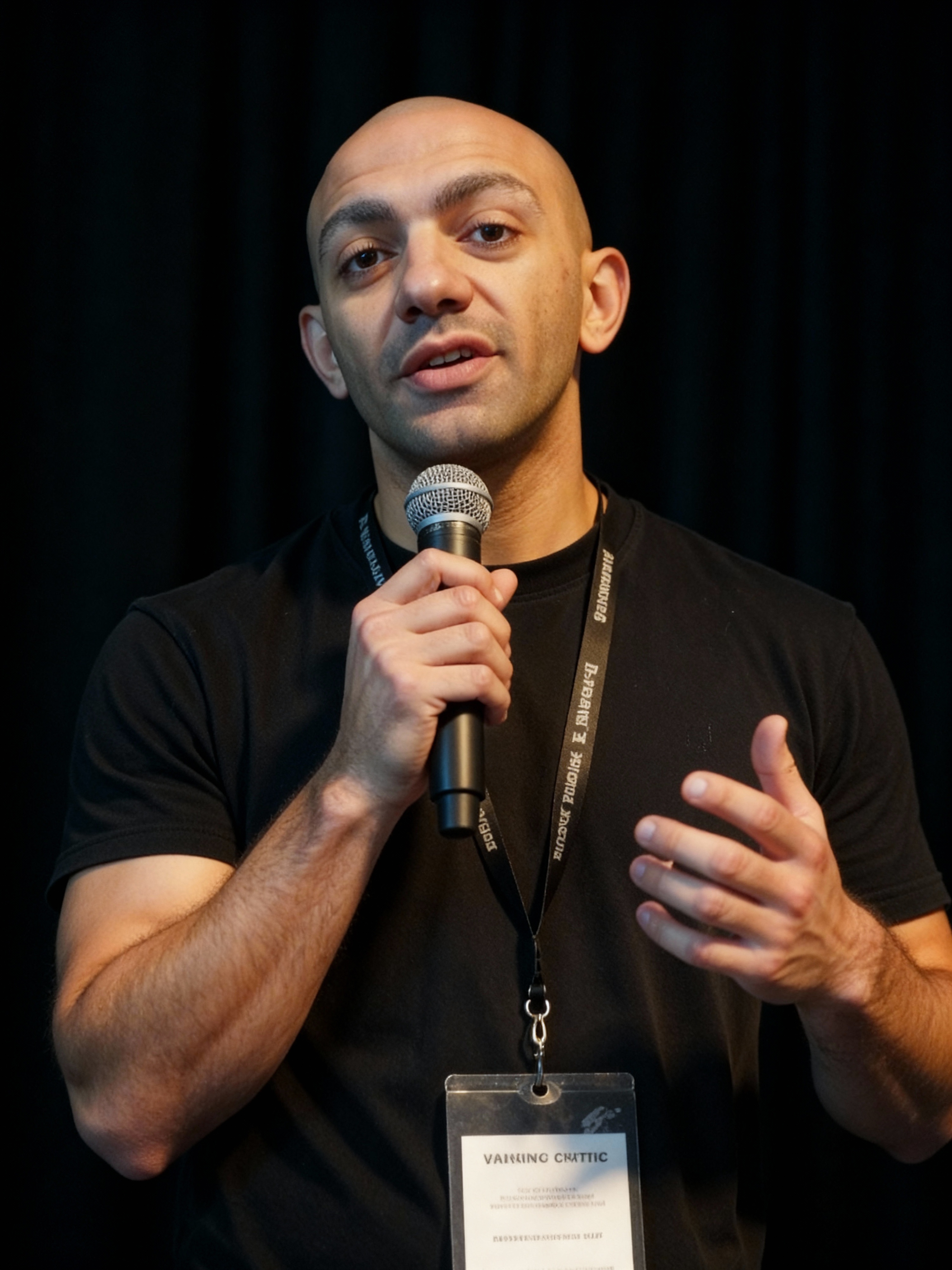 Man with a shaved head wearing a black shirt and lanyard speaking into a microphone against a black background.