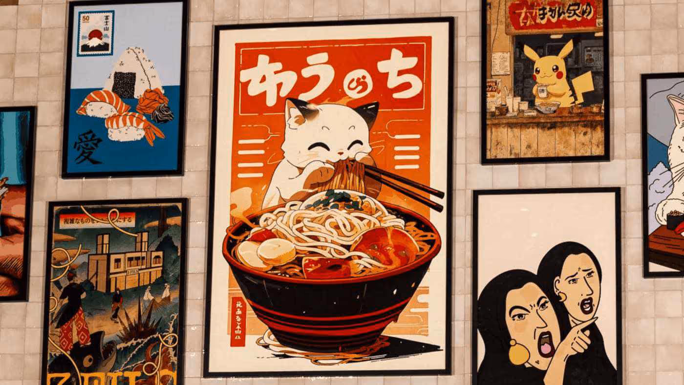 Wall with framed artwork including a cat eating noodles, a Pikachu holding a cup, sushi, and two women with expressive faces.