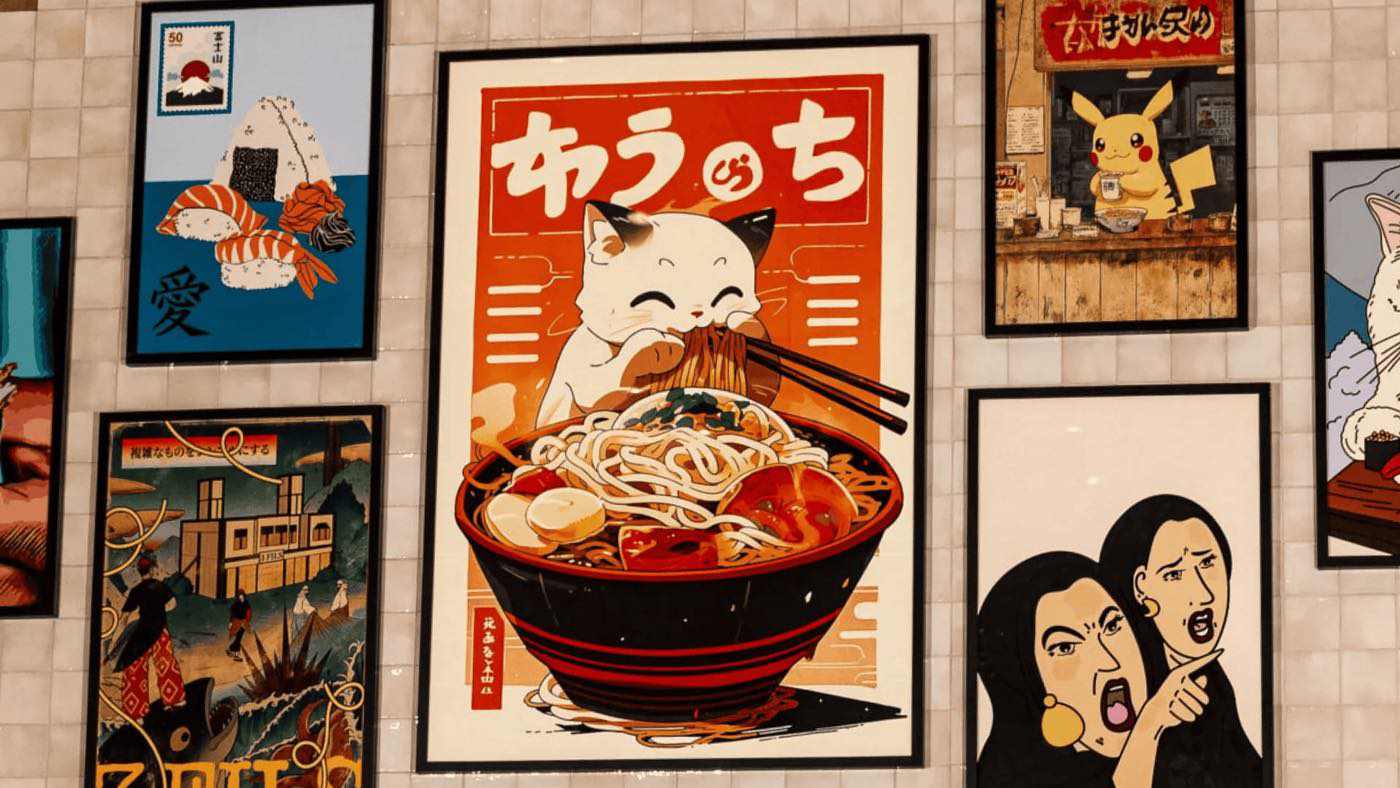 Wall featuring framed posters including a cat eating noodles, sushi, Pikachu at a ramen shop, and two animated women pointing and shouting.