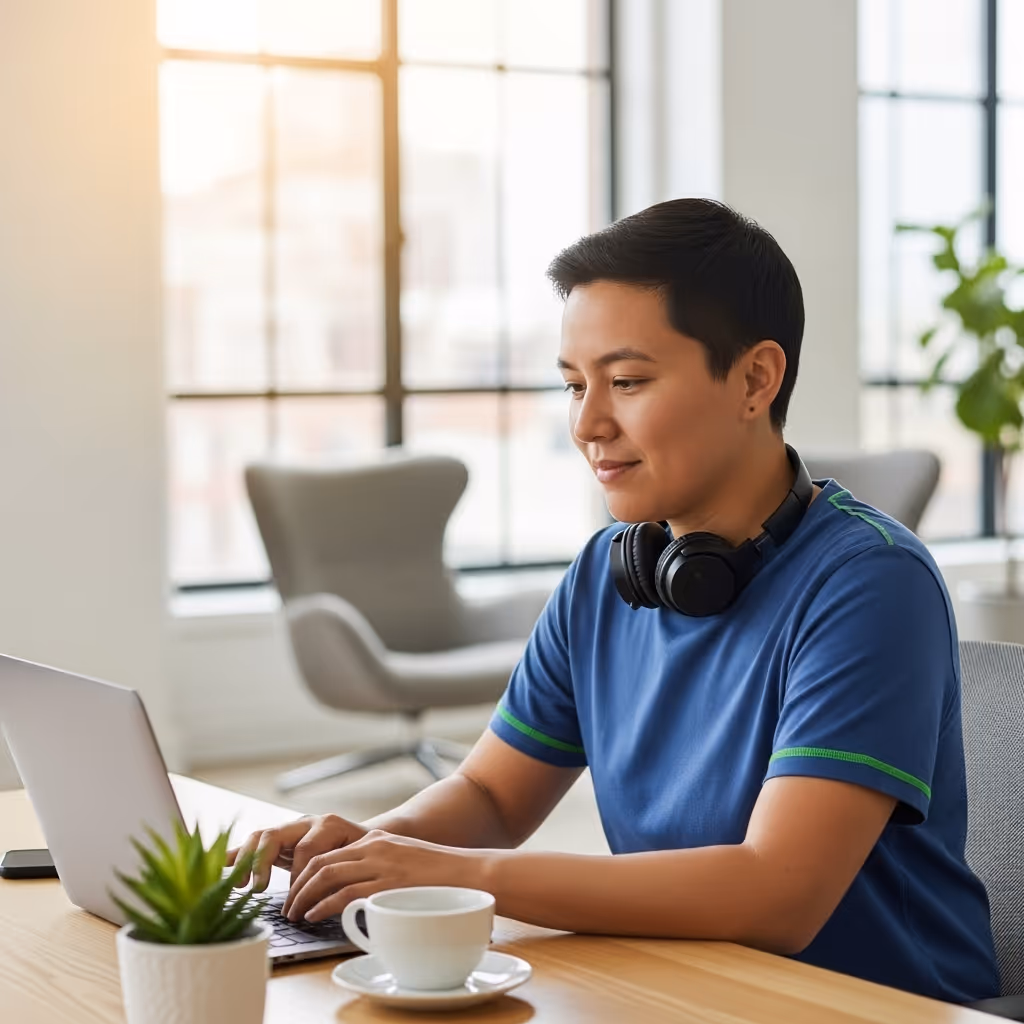 Lifestyle photo of a person in a bright modern setting, representing Flowcoach’s simple and personal health coaching journey.