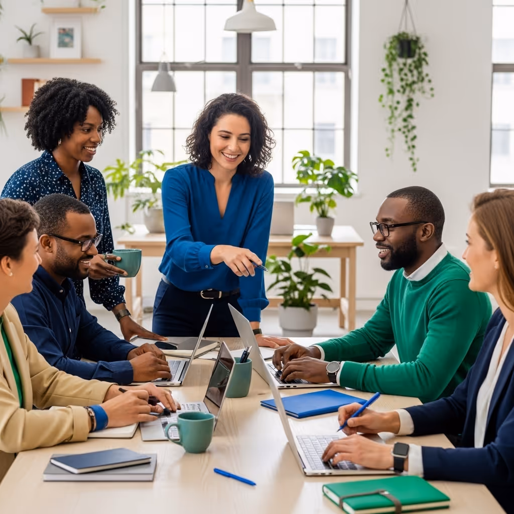 Flowcoach team of health experts, data scientists, and coaches collaborating in a modern workspace.