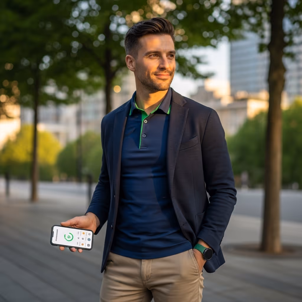 Man outdoors holding a smartphone with the Flowcoach app open, symbolizing personalized health and longevity tracking.