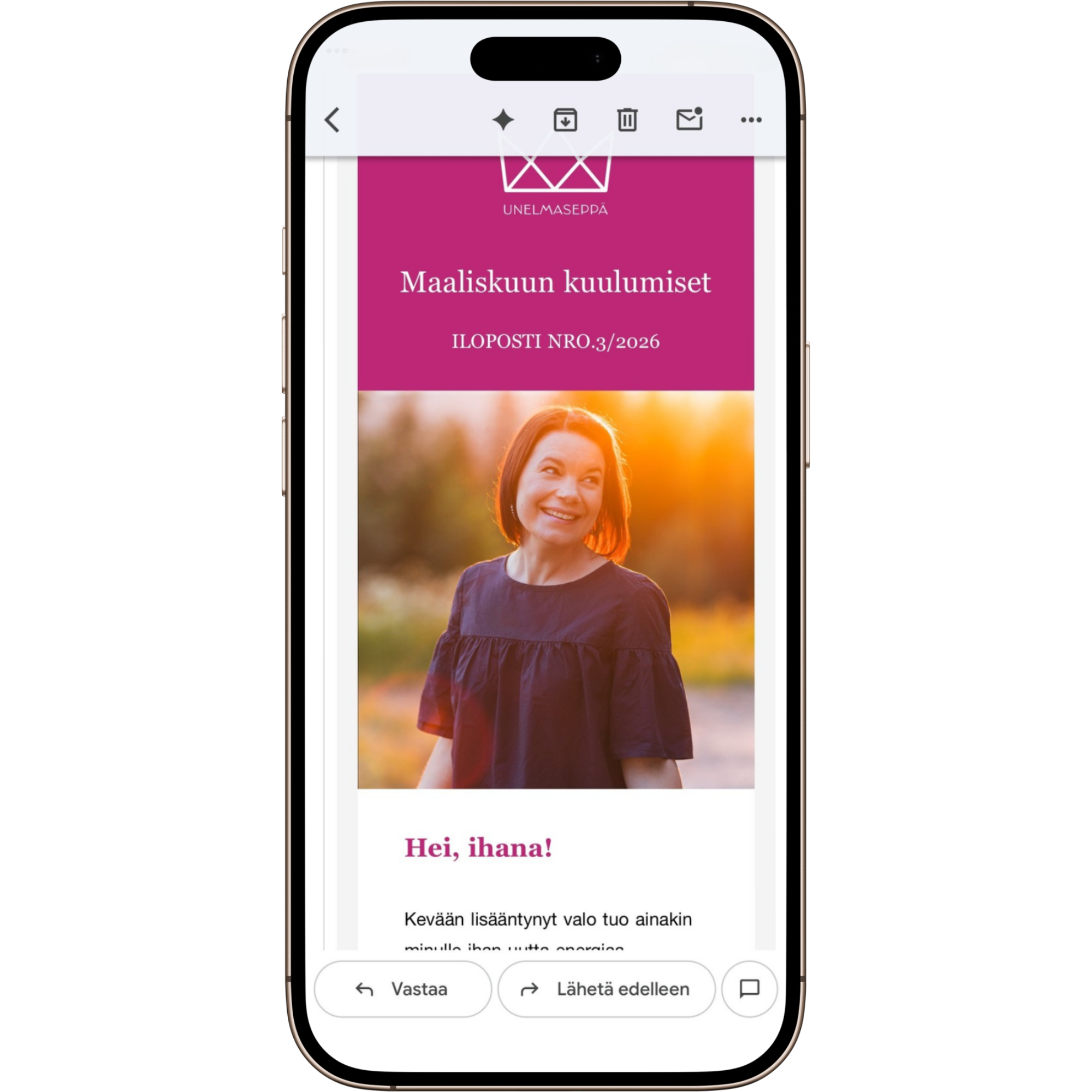 Mockup Unelmasepän Uutiskirjeestä puhelimennäytöllä.