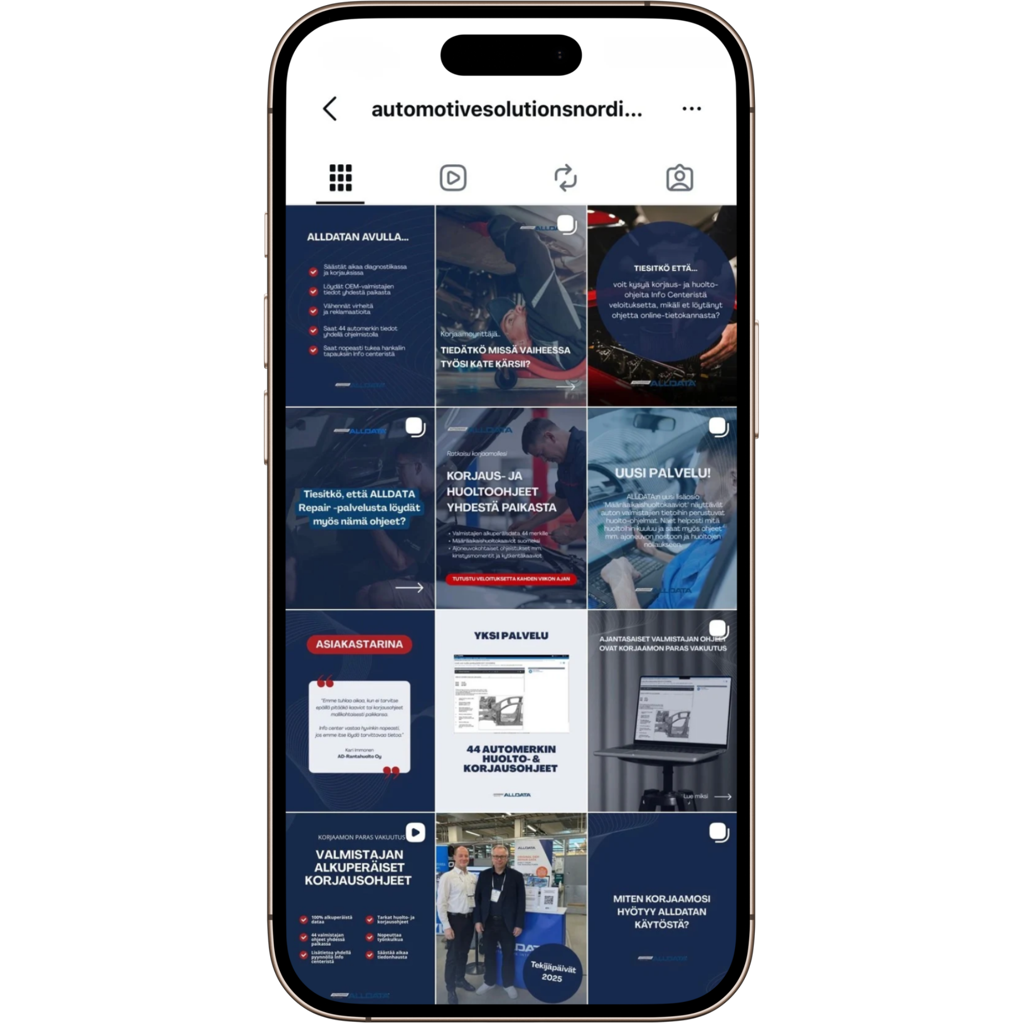 Mockup Alldata/Automotive Solutions Nordic Oy:n Instagram feedistä