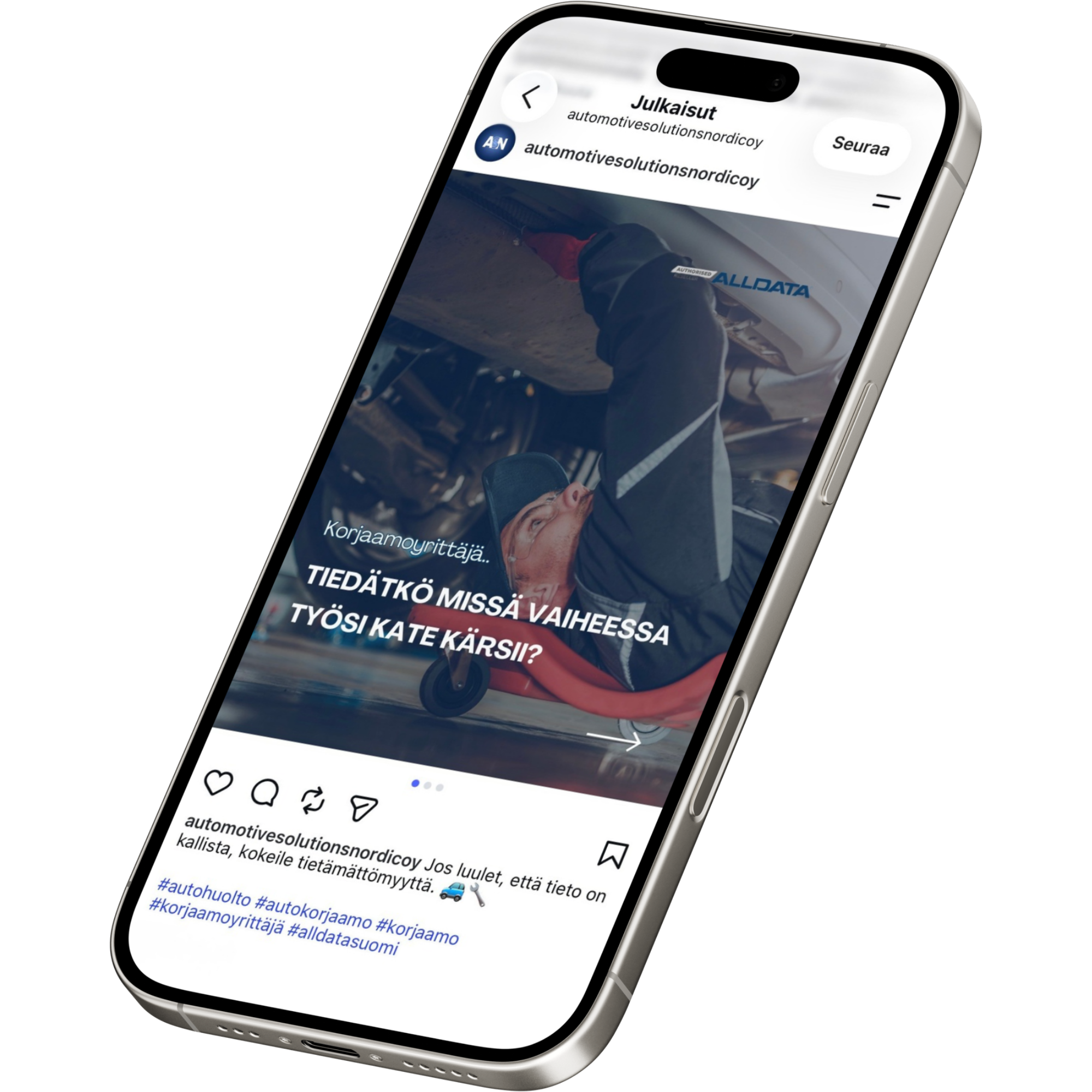 Mockup Alldata/Automotive Solutions Nordic Oy:n Instagram postauksesta