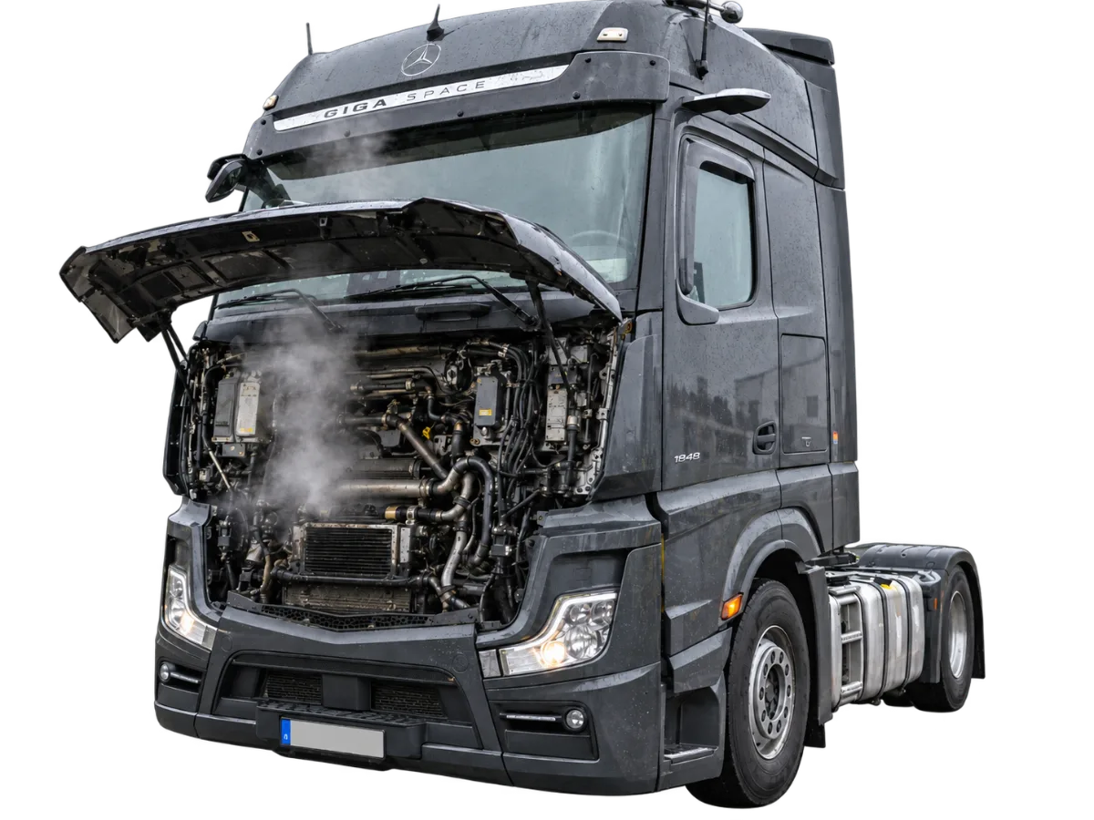 Sattelzugmaschine mit geöffneter Motorhaube – LKW mit Motorschaden verkaufen