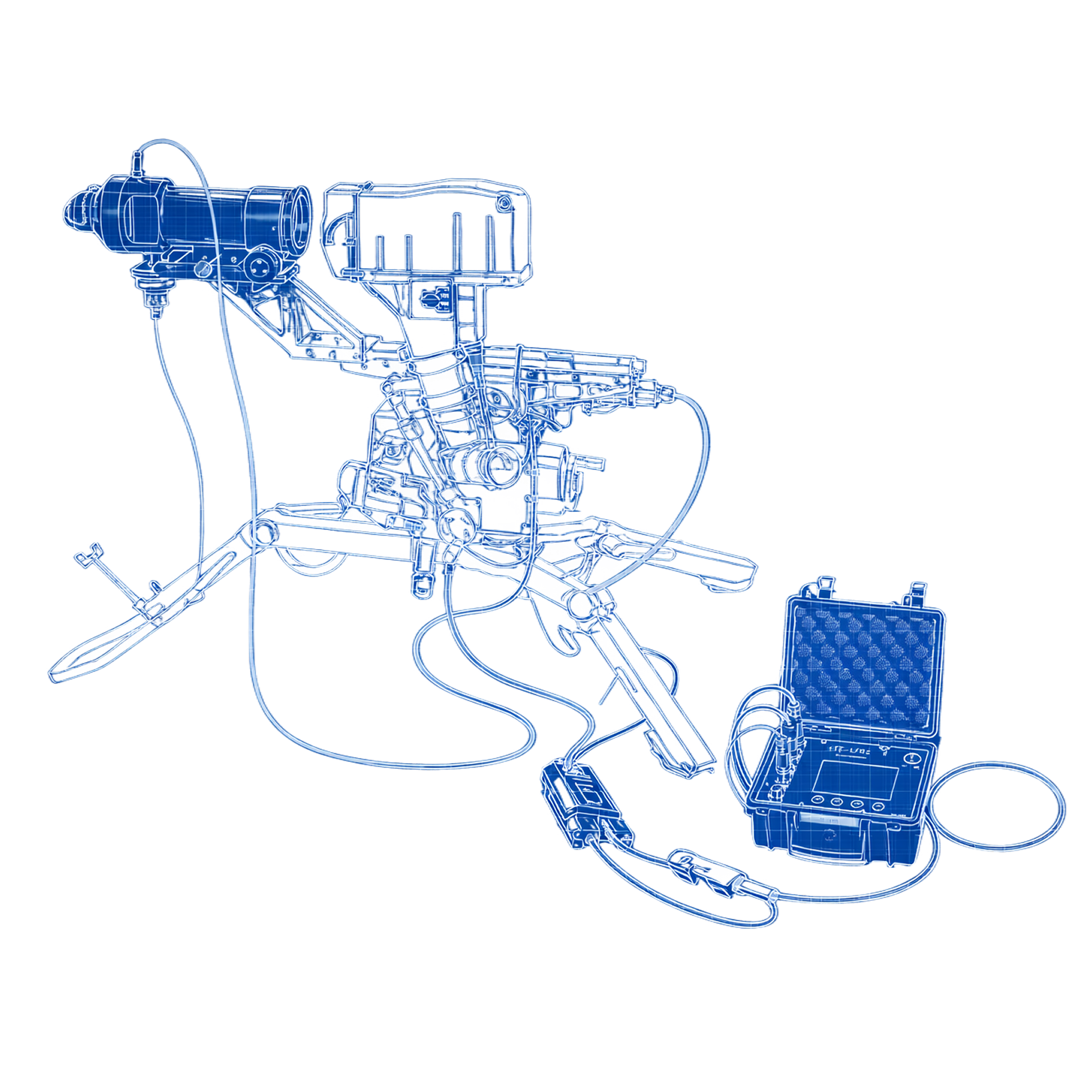 Blueprint style drawing of a mounted military machine gun connected to a control box by cables.