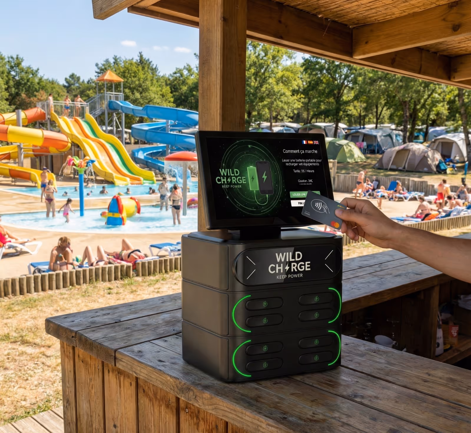 Borne de recharge téléphone pour les campings