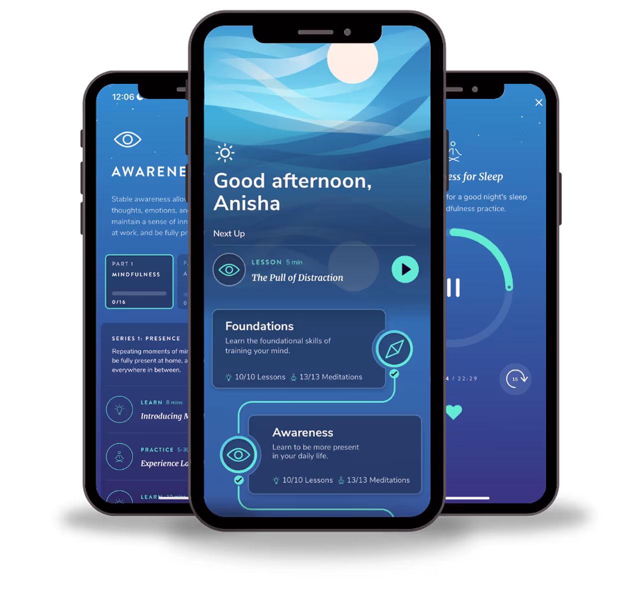 Three smartphones display a humin mindfulness app with lesson progress, and meditation sessions on a blue background.