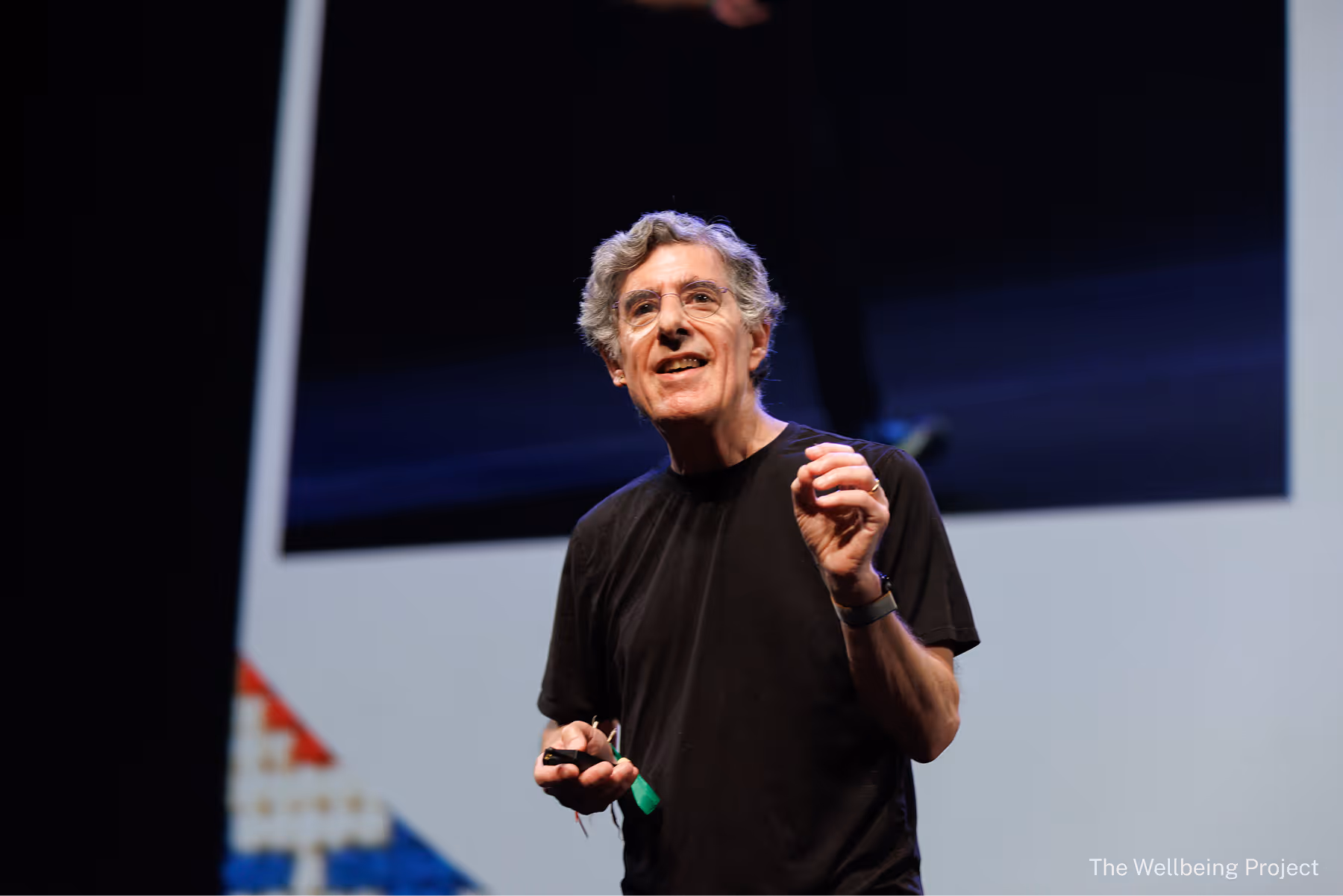 A speaker giving a talk onstage with a large screen behind him.