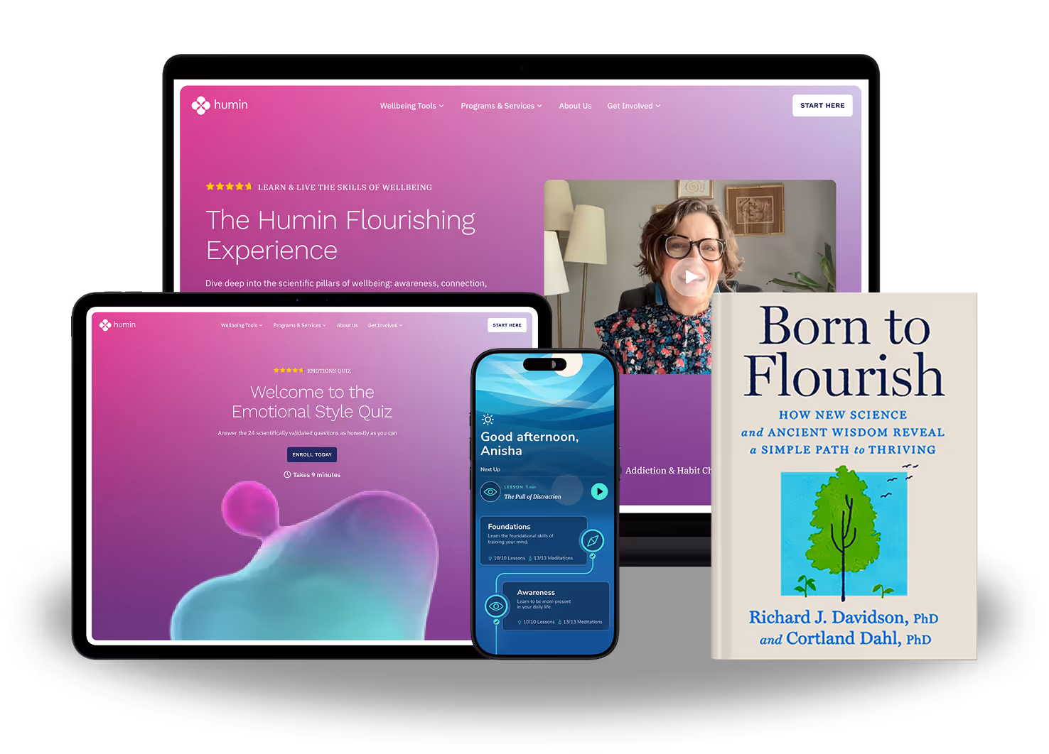 Digital devices displaying Humin wellbeing tools and Emotional Style Quiz next to the book Born to Flourish by Richard J. Davidson and Cortland Dahl.