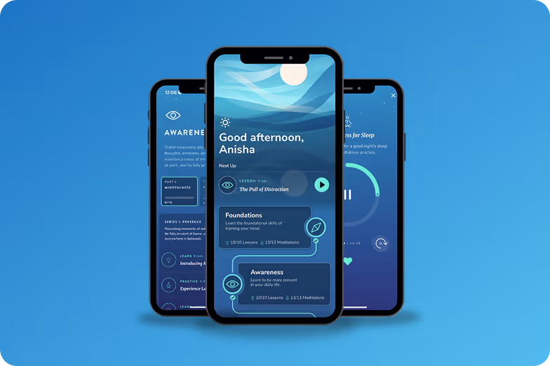 Three overlapping smartphone screens displaying a meditation app with greetings, lesson progress, and a sleep music player.