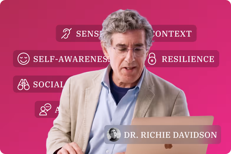 Dr Richie Davidson looking at a laptop, with overlay text including sensory context, self-awareness, resilience, social, and Dr. Richie Davidson.