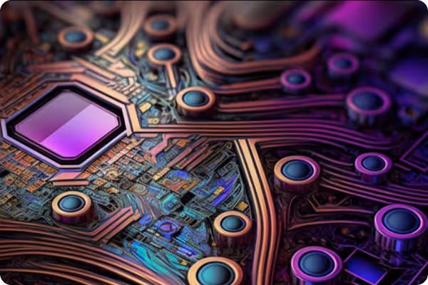 Close-up of a colorful circuit board with copper traces and circular blue components, featuring a central purple square chip.