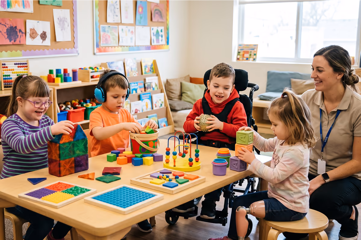 A teacher smiles while sitting beside four young children with special needs engaged in playing and learning with colorful educational toys and building blocks at a classroom table.