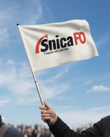 Drapeau blanc avec le logo Snica FO en noir et rouge, et le texte « l'espoir est permis », tenu contre un ciel bleu avec quelques nuages.