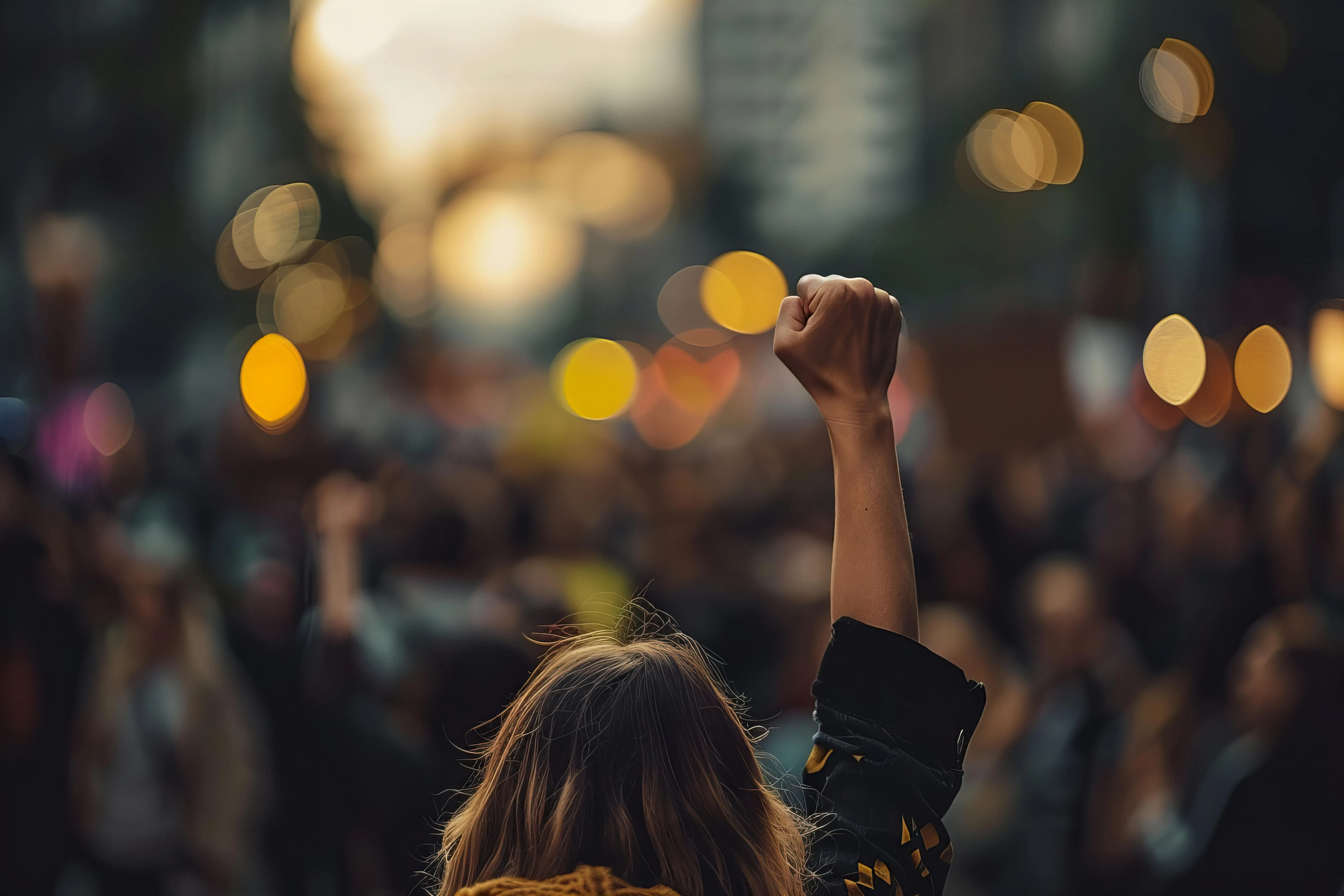 Personne vue de dos, levant le poing dans une foule lors d'une manifestation en soirée avec des lumières floues en arrière-plan.