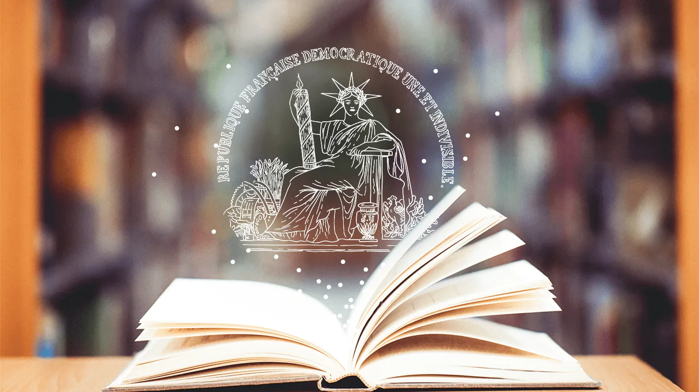 Livre ouvert avec illustration flottante stylisée de la République française, figure féminine assise avec une torche, entourée du texte « République française démocratique, une et indivisible ».