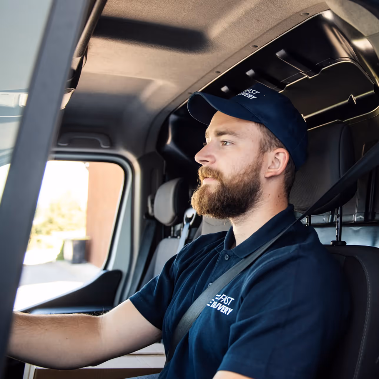 A man with a beard sitting in the driver's seat of a truck.