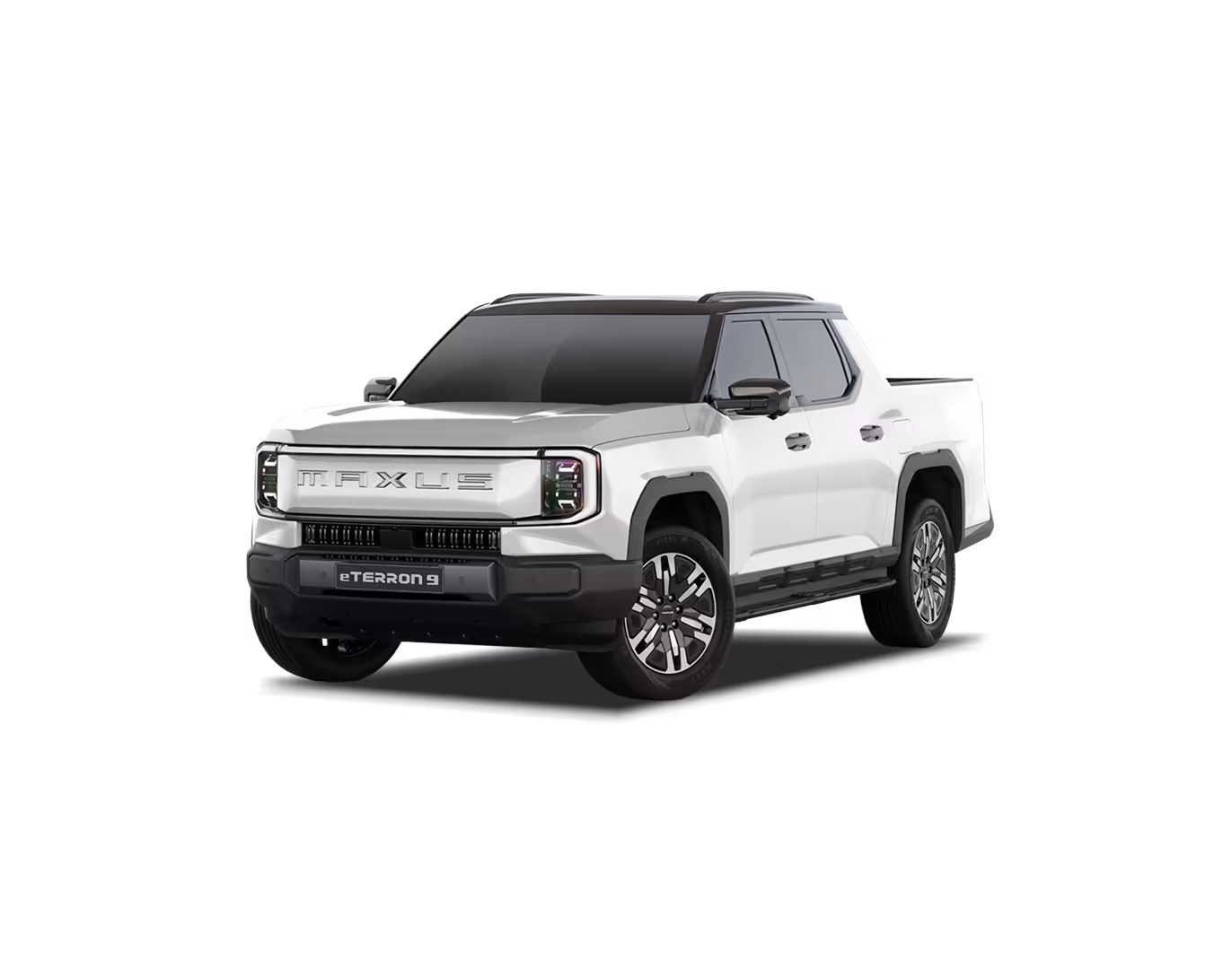 White Maxus eTERRON 9 electric pickup truck with black roof and tinted windows.