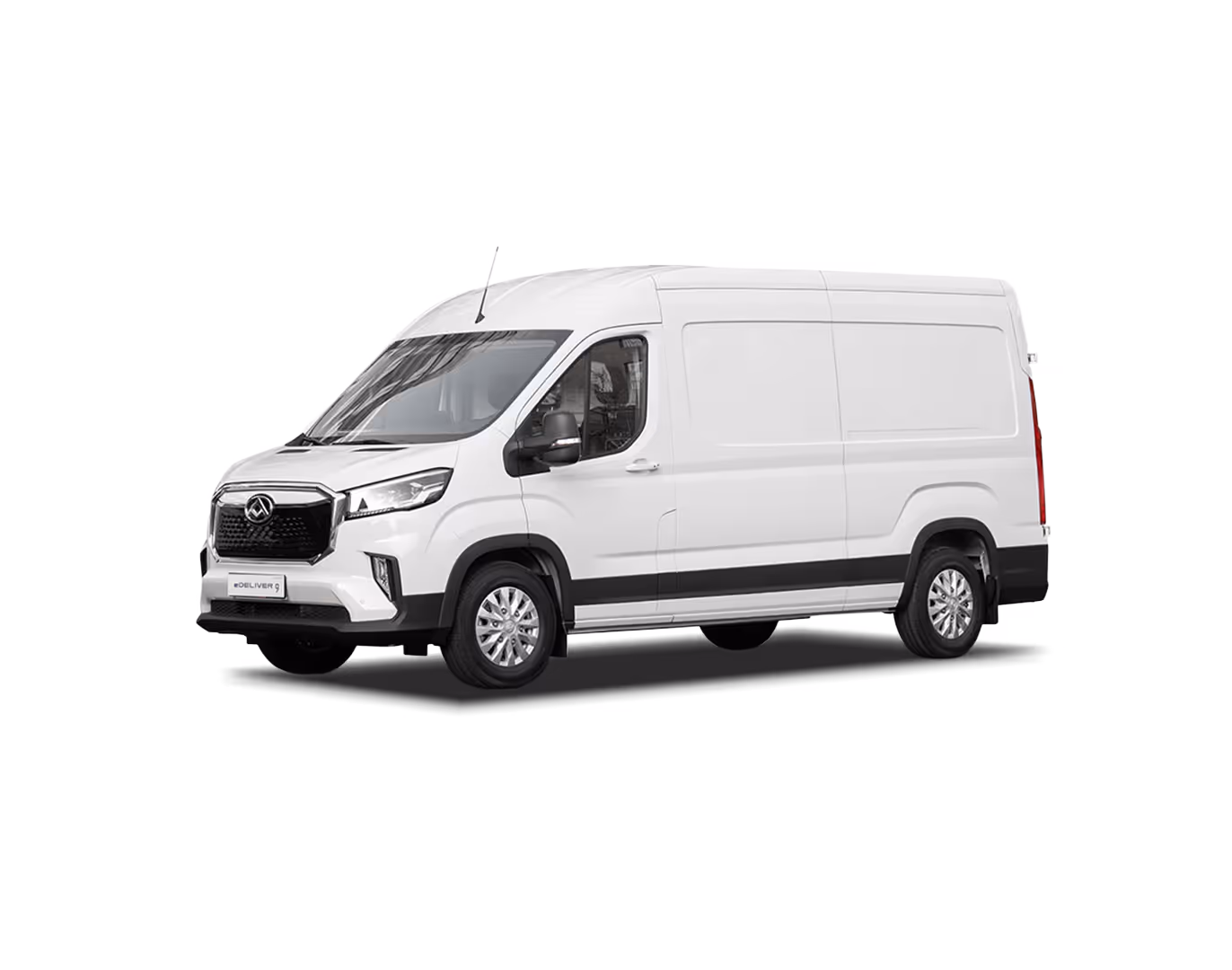 White commercial cargo van with black trim viewed from the front left side.