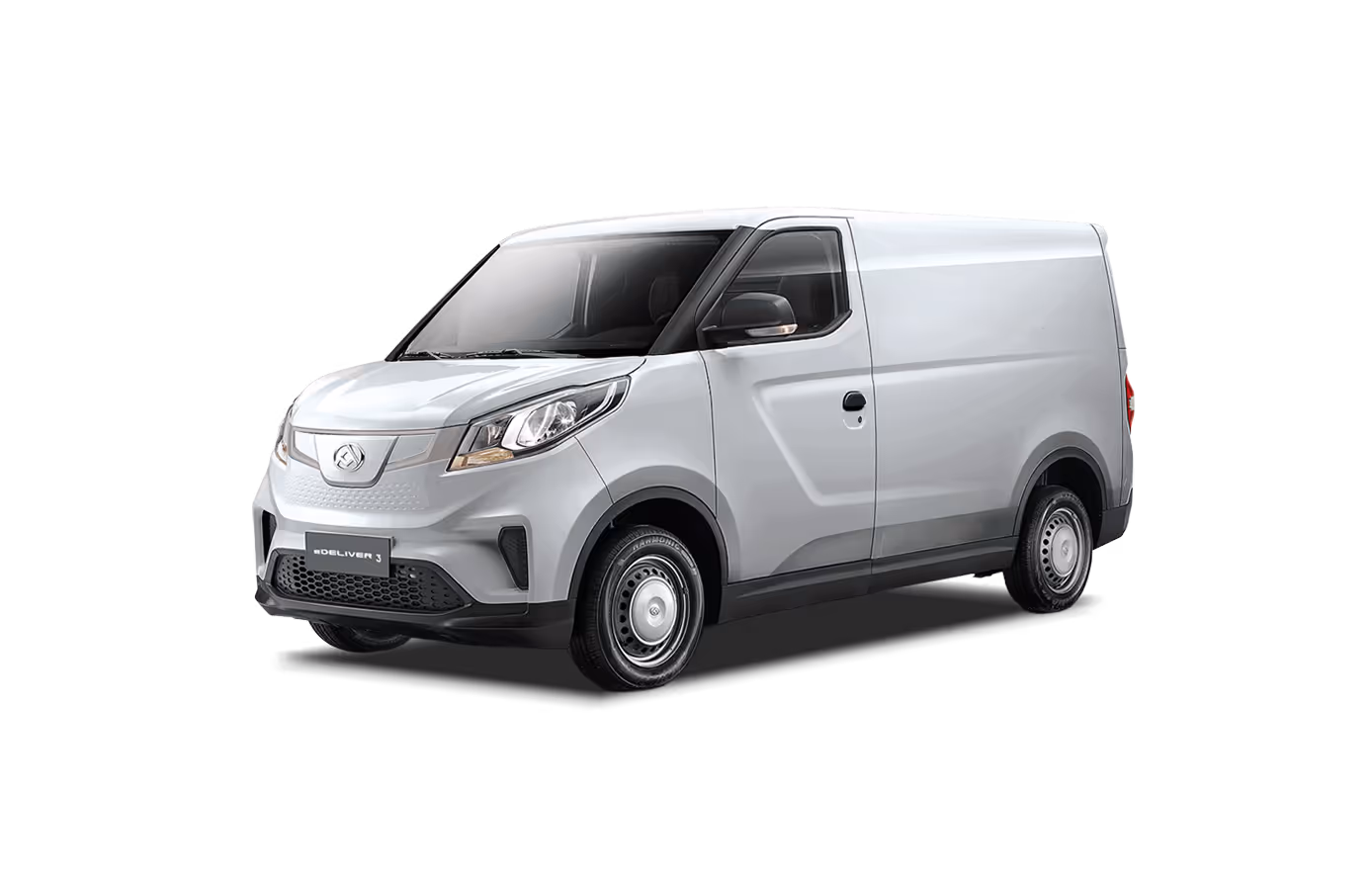 Silver electric delivery van viewed from front side angle on black background.
