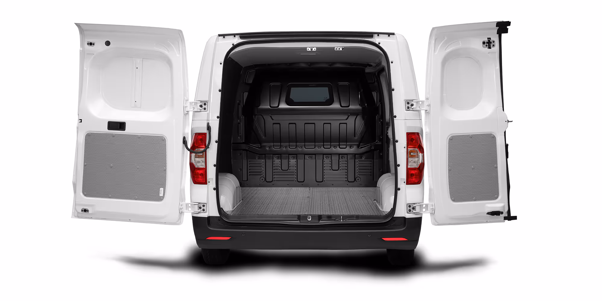 Open rear cargo area of a white delivery van with both back doors wide open, showing an empty, spacious interior with black interior panels and a gray floor.