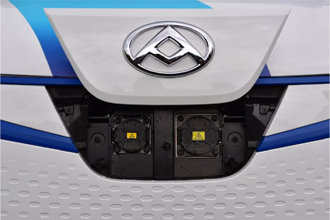 Close-up of an electric vehicle charging port with two covered sockets and a chrome emblem above.