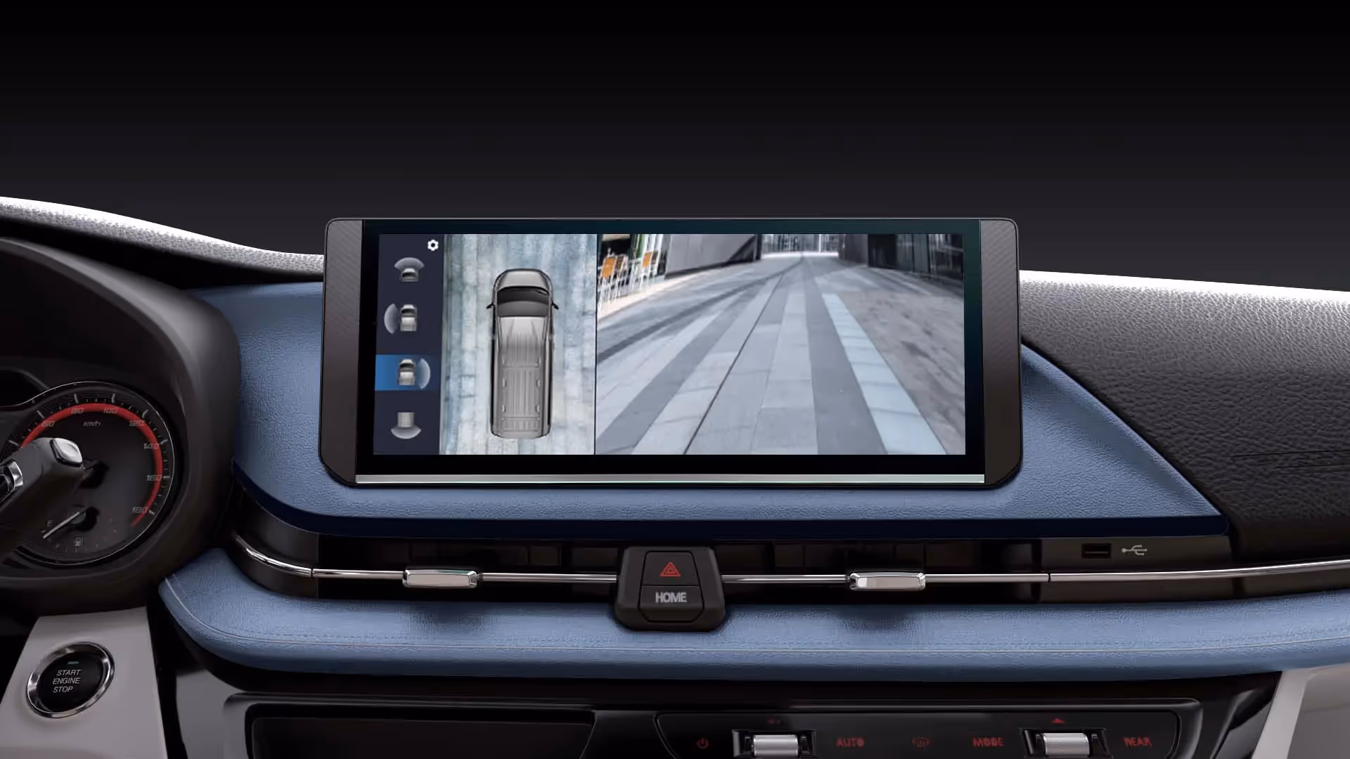 Car dashboard featuring a digital screen displaying a top-down and rear view camera of the vehicle's surroundings.