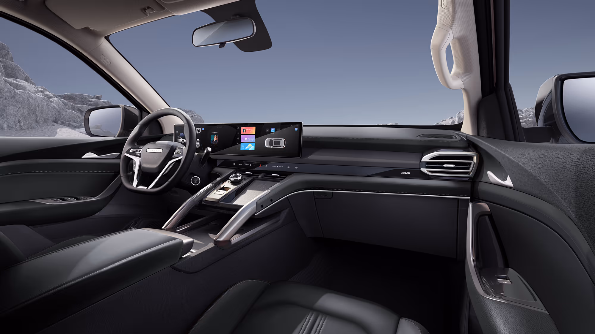 Modern car interior featuring a sleek black dashboard with a wide digital display, multifunction steering wheel, and leather seats.