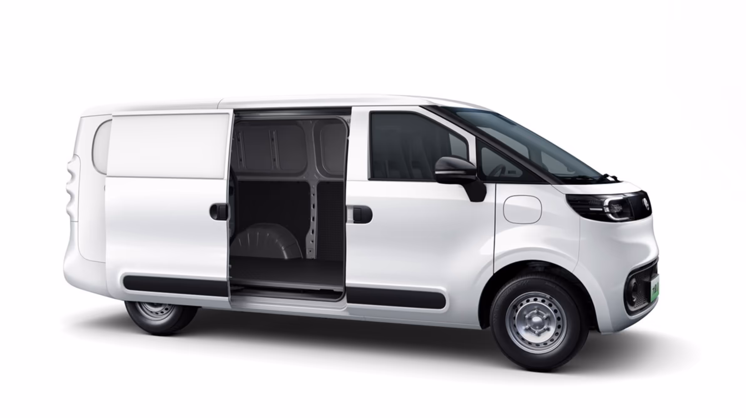 White cargo van with side sliding door open showing empty interior space.
