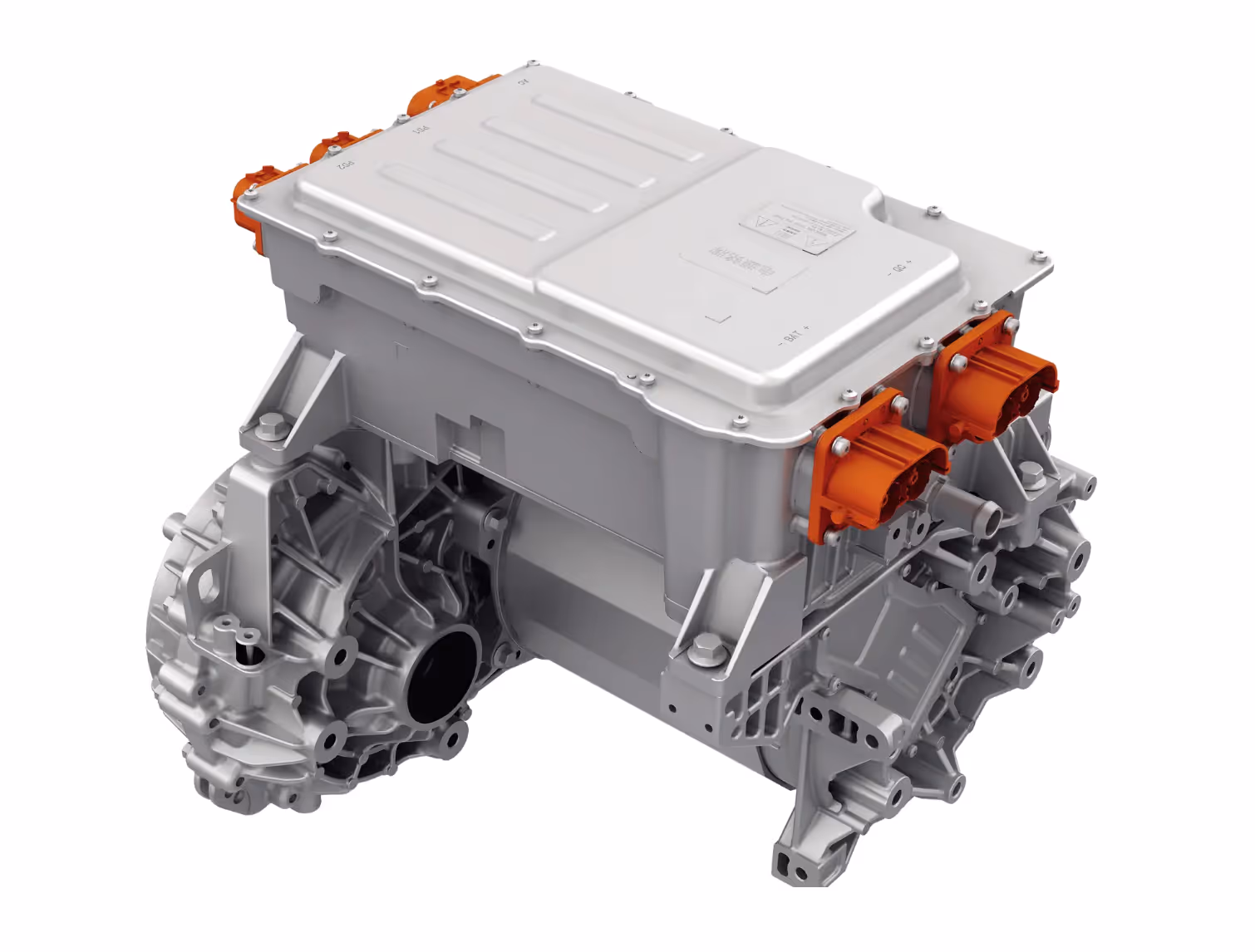 Silver metallic electric vehicle motor with orange electrical connectors on a white background.