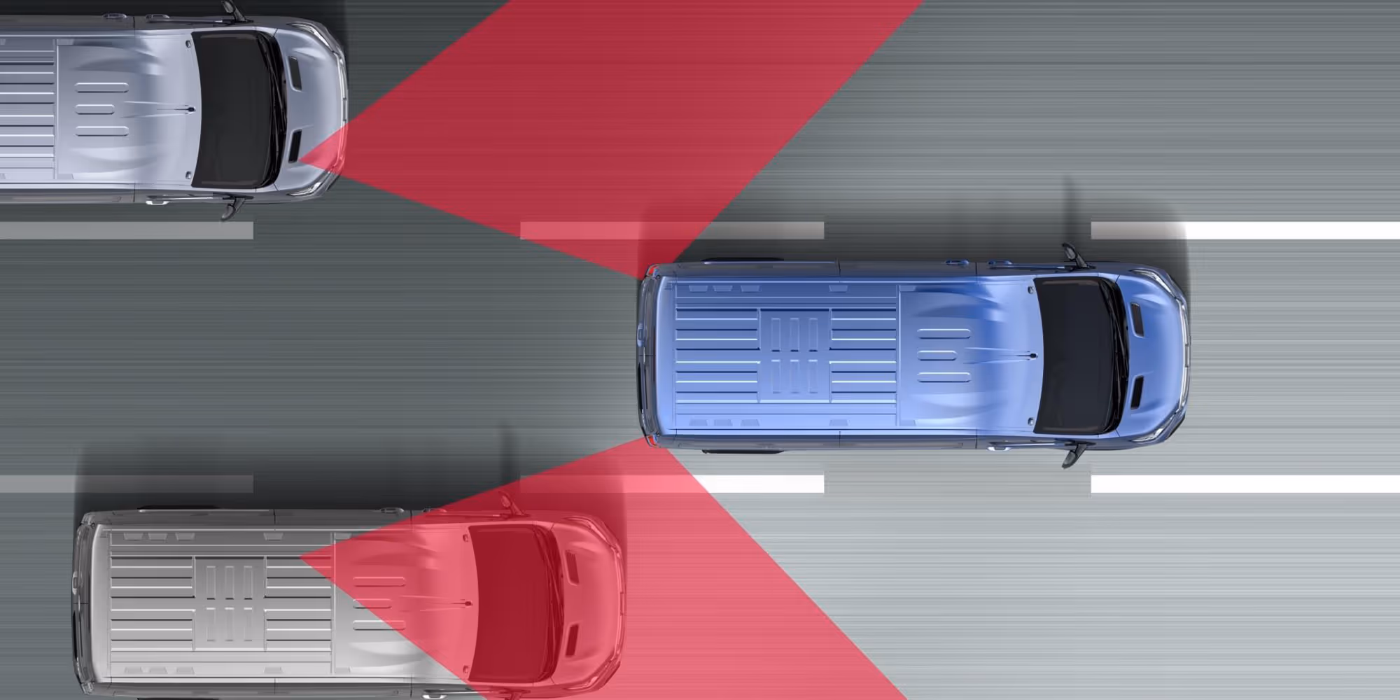 Top view of three vans on a road with red beams indicating vehicle detection or safety sensors.
