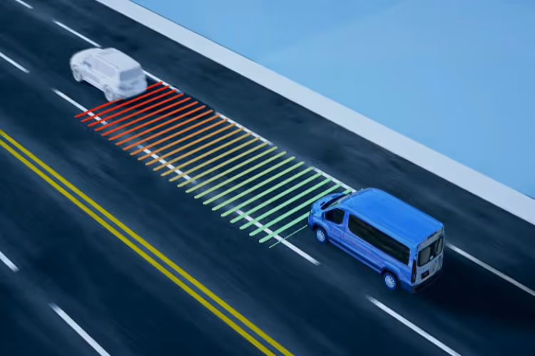 Blue van following a white car on a highway with a colored grid indicating safe following distance and collision warning.