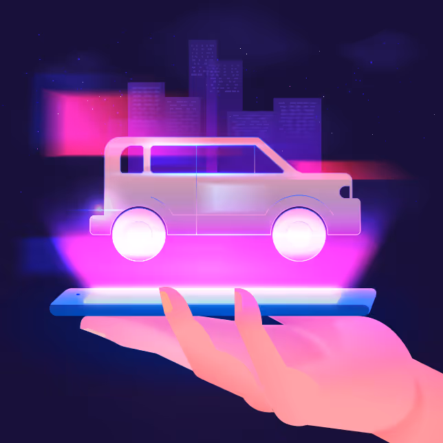Hand holding a smartphone projecting a glowing holographic car and cityscape in purple and pink tones.